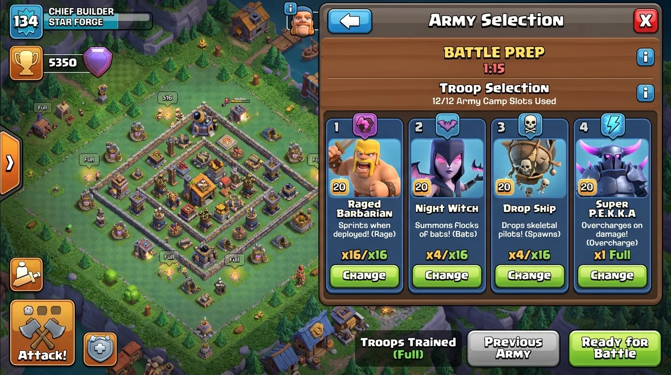 Clash of Clans Builder Base 2.0 troop selection showing Raged Barbarians, Night Witch, Drop Ship, and Battle Machine hero