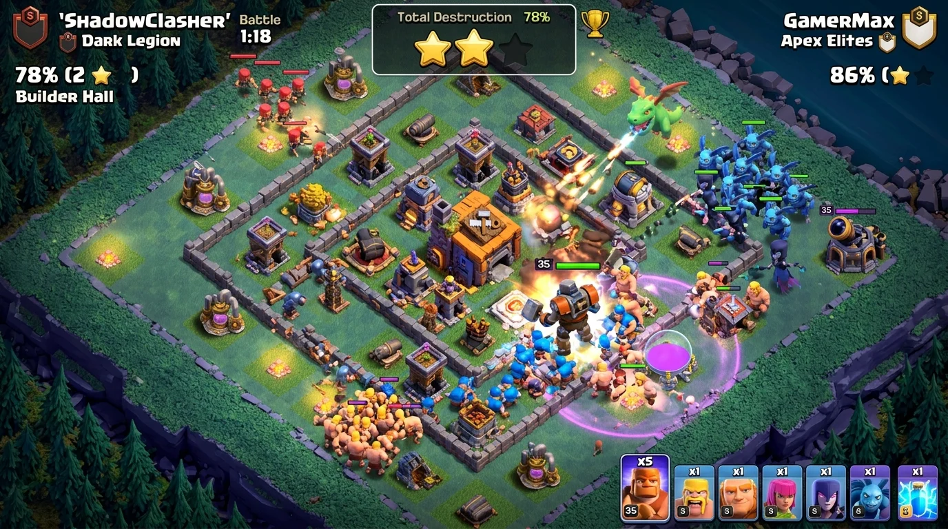 Clash of Clans Builder Base 2.0 battle showing two armies fighting simultaneously with Builder Hall location highlighted
