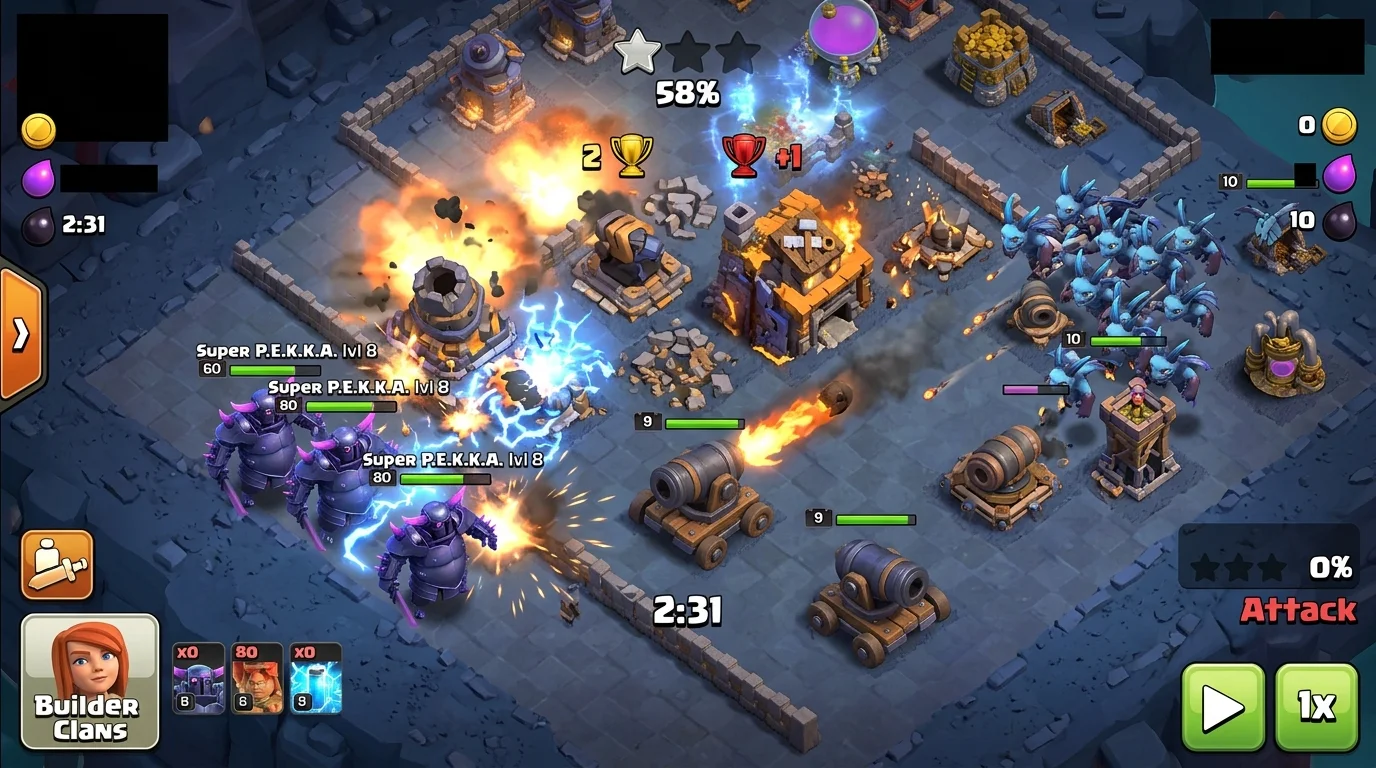Builder Base 2.0 attack with super P.E.K.K.A. tanking defenses while cannon carts and minions destroy the base