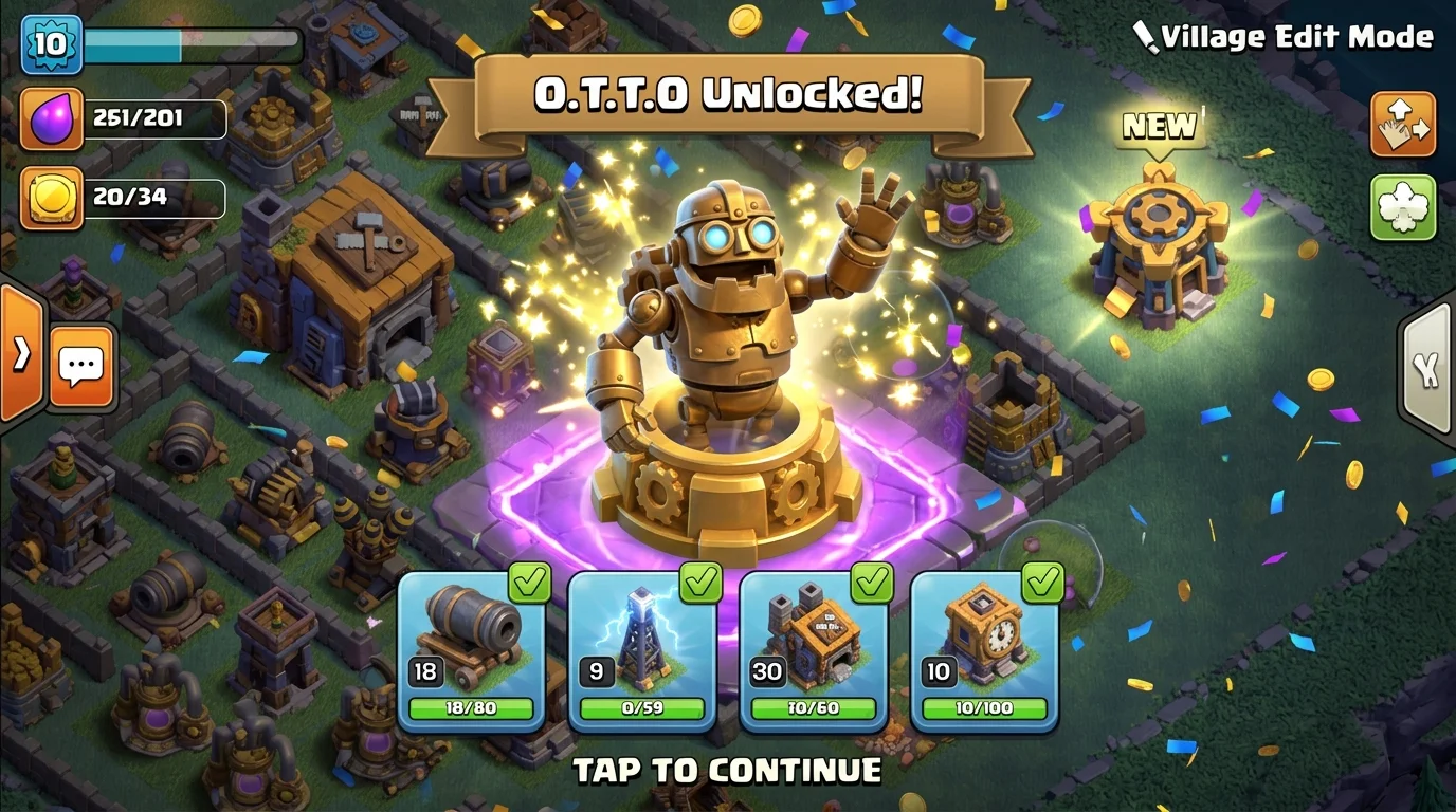 O.T.T.O. robot unlock celebration at Builder Hall 10 with all four upgrade requirements completed