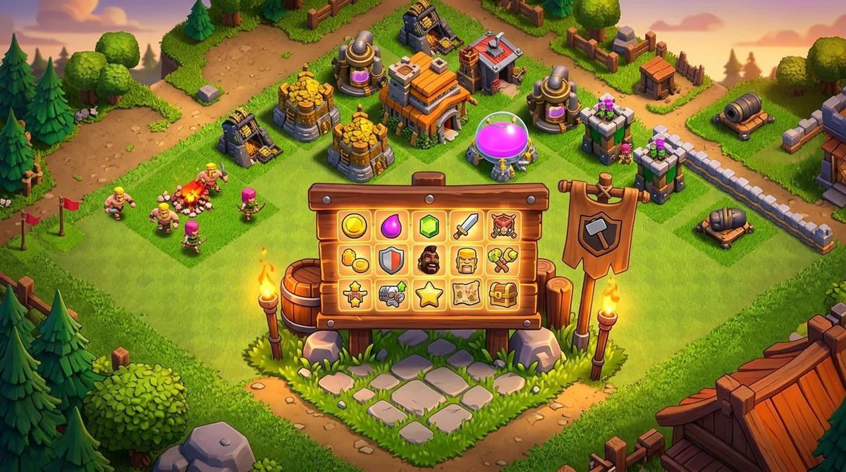 A torchlit medieval tournament ground at night with banners and scoreboards, standing in for Clash of Clans Clan Games week