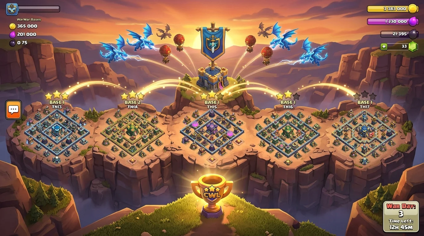 Clan War League battlefield overview showing seven war days of bases from TH13 to TH17 with star trails and war medals