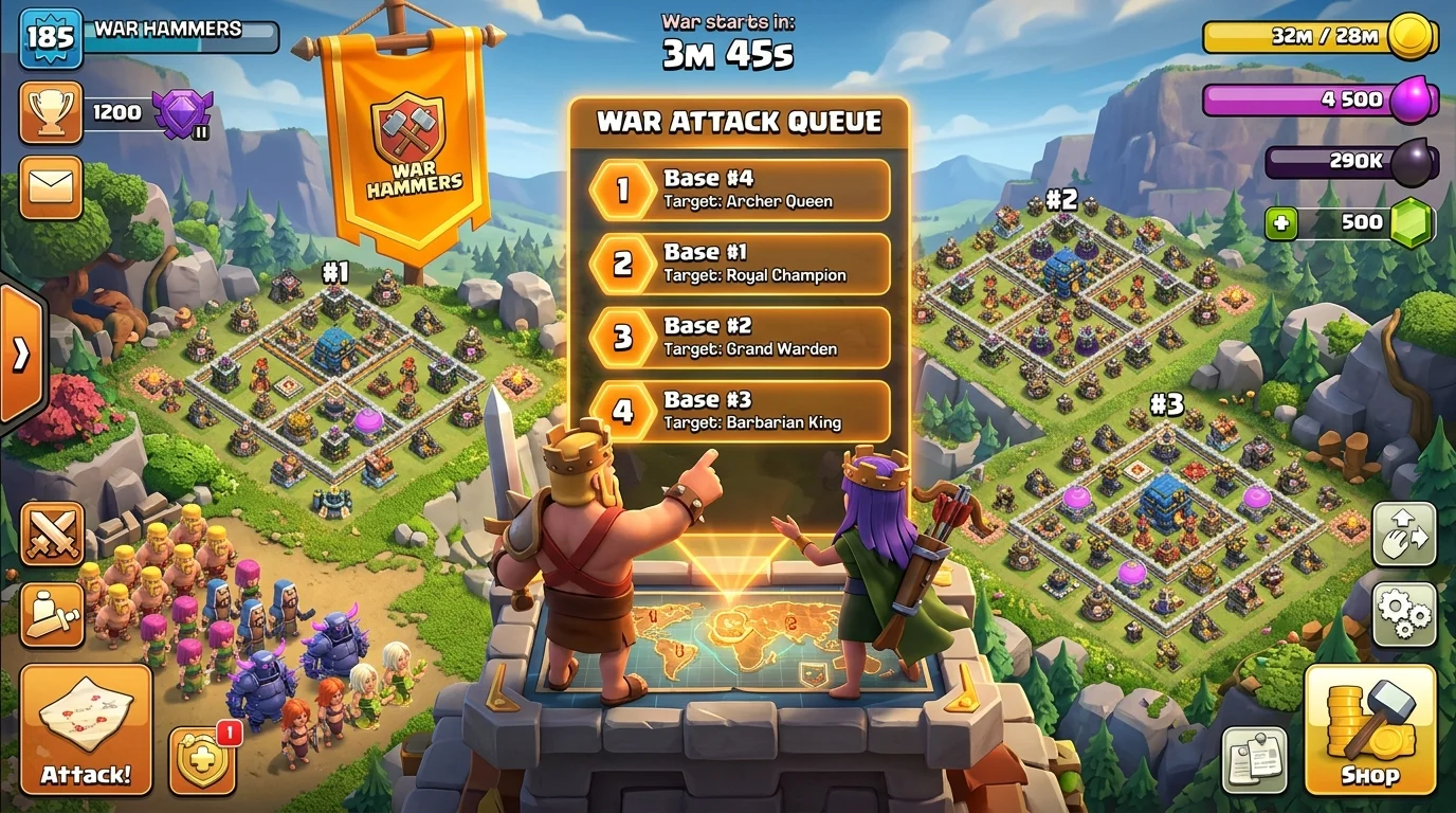 CWL attack order planning scene with heroes directing troop deployments in a numbered sequence