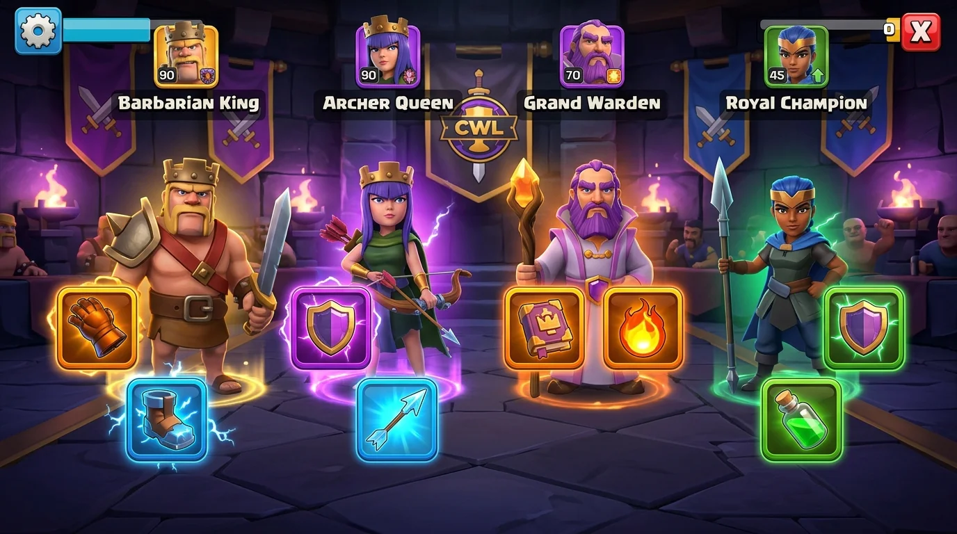 Hero equipment loadout screen for CWL showing barbarian king, archer queen, grand warden, and royal champion gear picks
