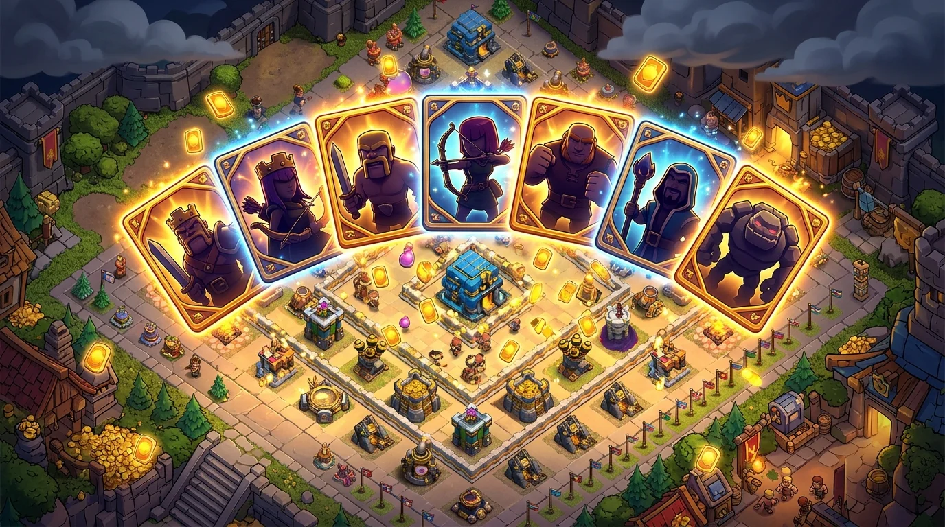 Clash of Clans Clash of Cards event collection screen with troop cards
