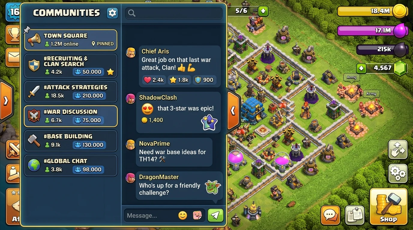 Clash of Clans Communities chat interface with a list of channels, member-count badges, emoji reactions and a 50,000 members badge