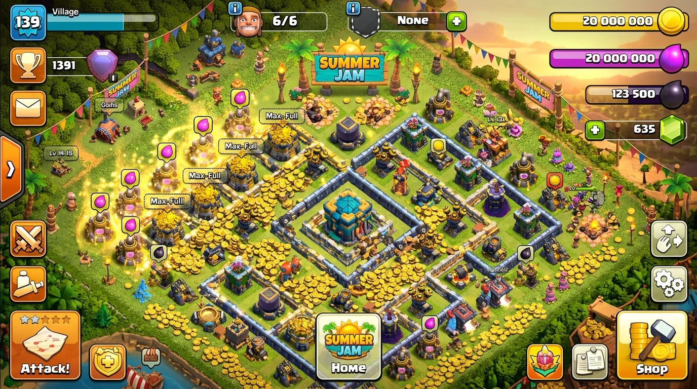 Clash of Clans village overflowing with gold coins during the Summer Jam Gold Quest event, gold collectors boosted with sparkle effects