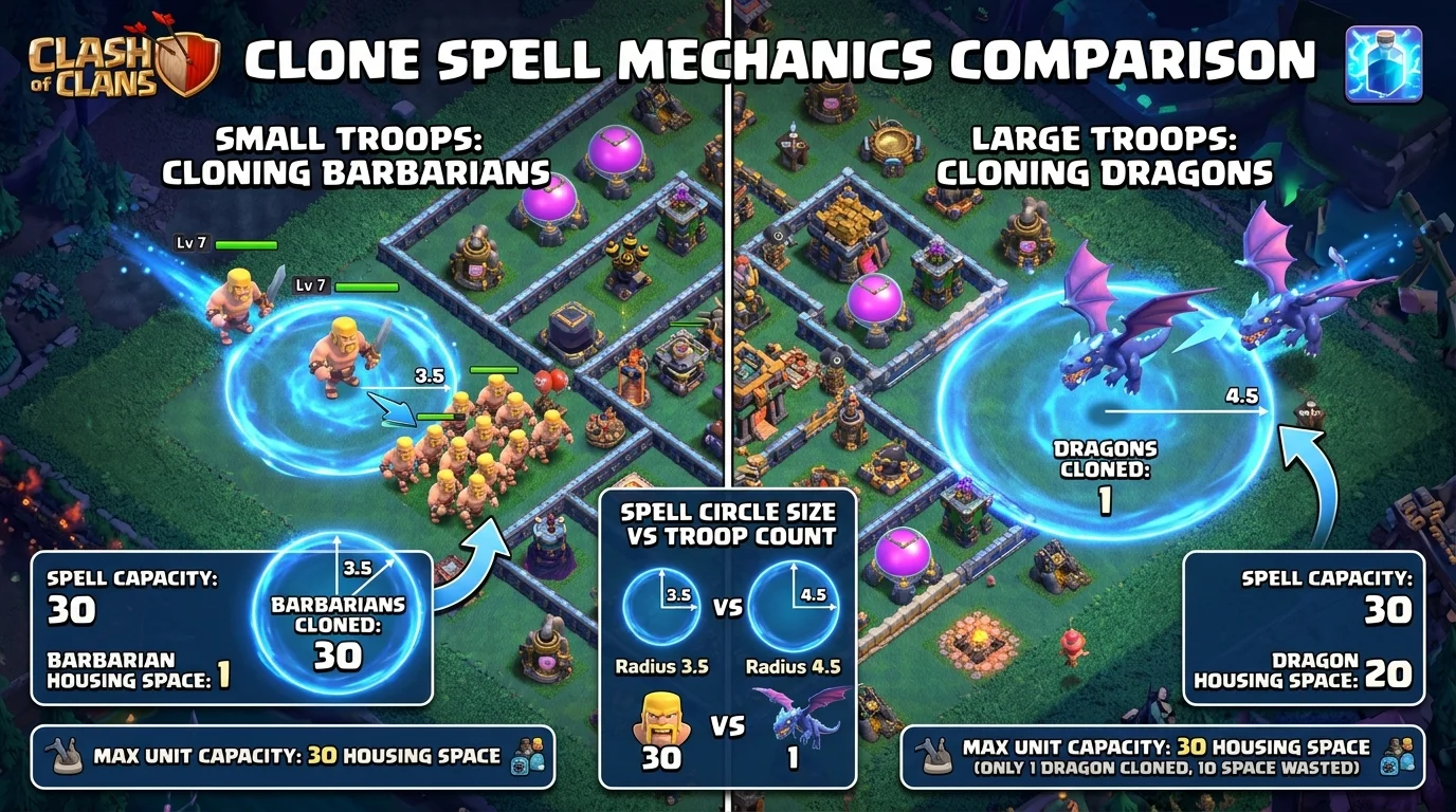 Clash of Clans Clone Spell mechanics diagram showing housing space capacity vs troop count with Dragon and Minion clone examples