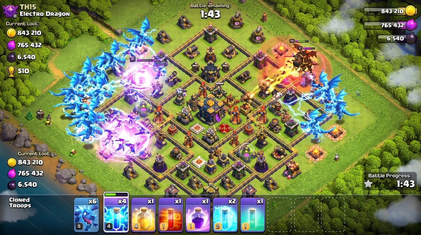Clash of Clans Clone Spell activated over Electro Dragon cluster with duplicate dragons appearing and chain lightning striking multiple buildings