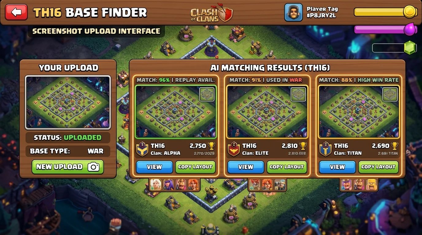 Clash of Clans base finder tool showing screenshot upload interface with AI matching results displaying similar TH16 war base layouts side by side