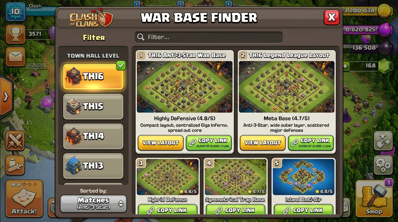 Clash of Clans base finder results screen showing TH16 anti-3-star war base matches with copy link buttons and Town Hall level filters