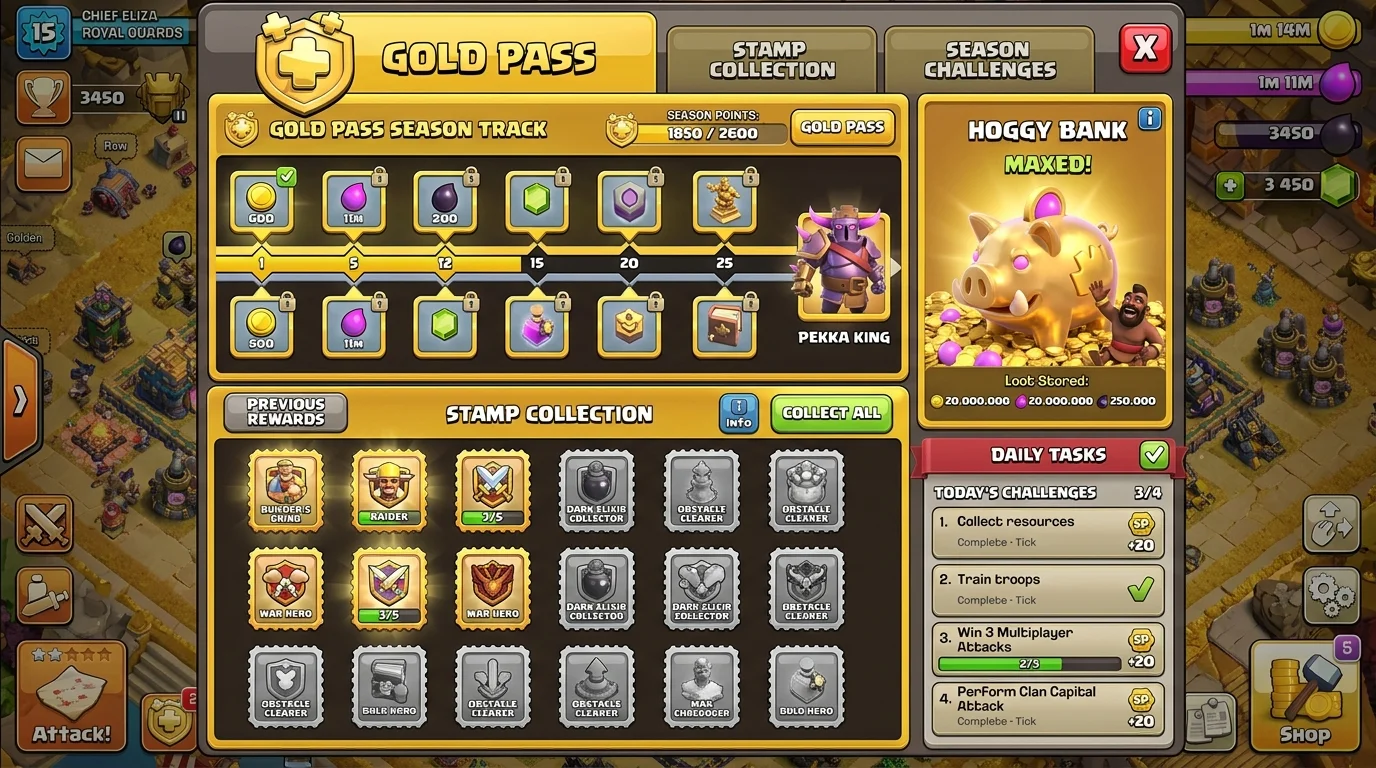 Pile of shining gold coins scattered across a dark surface, evoking the treasure and rewards of the Clash of Clans Gold Pass