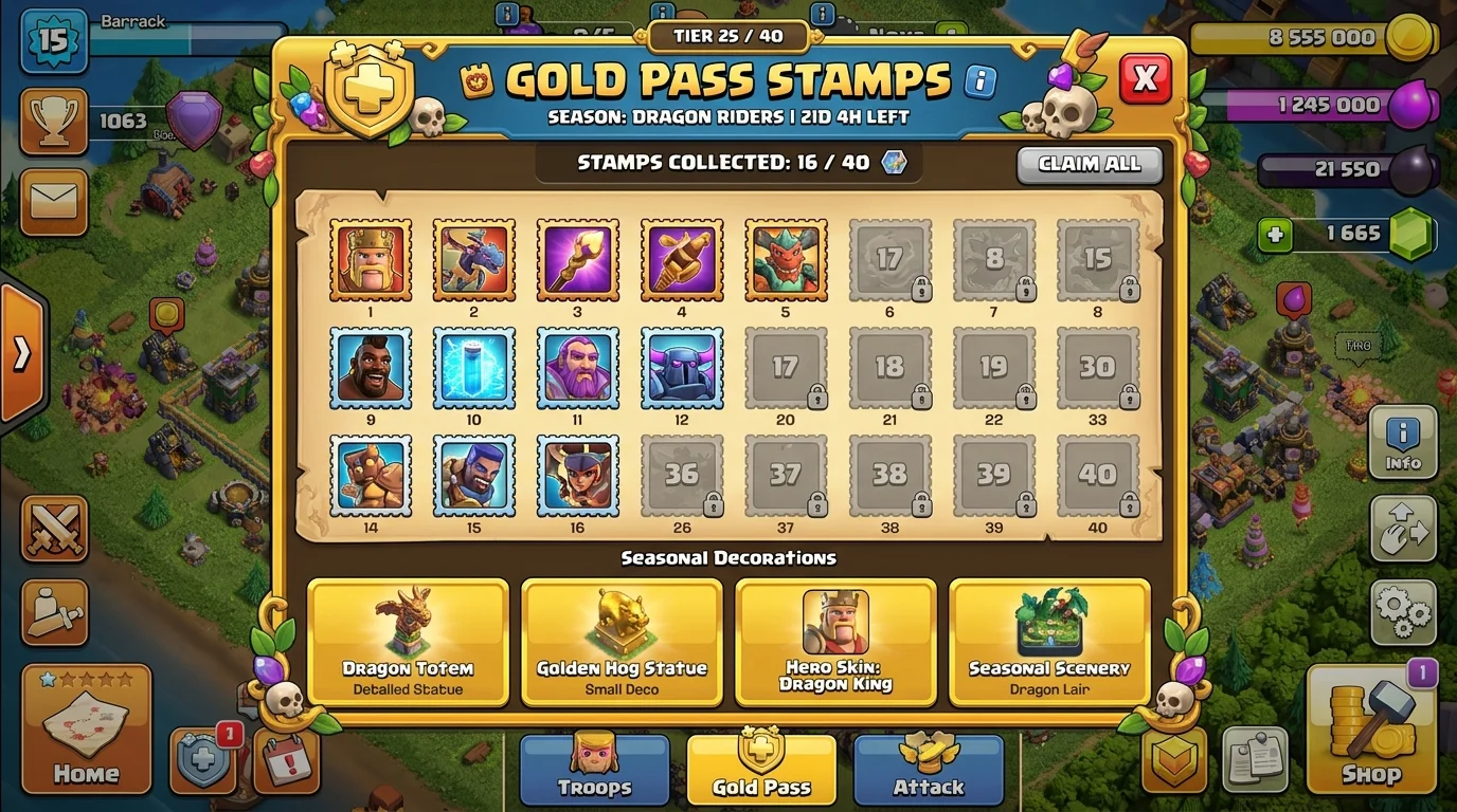 Medieval castle glowing at sunset surrounded by lush green foliage, reminiscent of a Clash of Clans village at golden hour