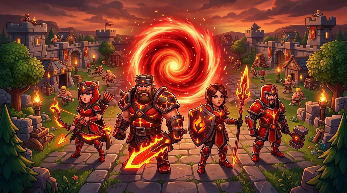 Cartoon fantasy heroes in fiery red and black armor standing in a row in front of a glowing red portal in a strategy game village