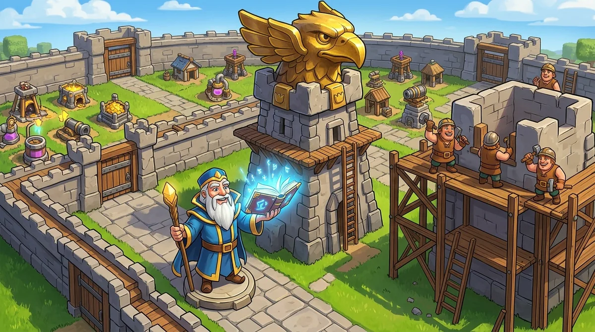 A cartoon white bearded warden holding a glowing book beside a giant eagle shaped artillery tower in a strategy game village, standing in for a Clash of Clans Town Hall 11 upgrade