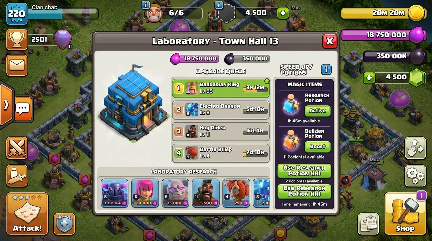 TH13 hero upgrade priority chart showing Archer Queen, Grand Warden, Royal Champion, and Barbarian King level milestones