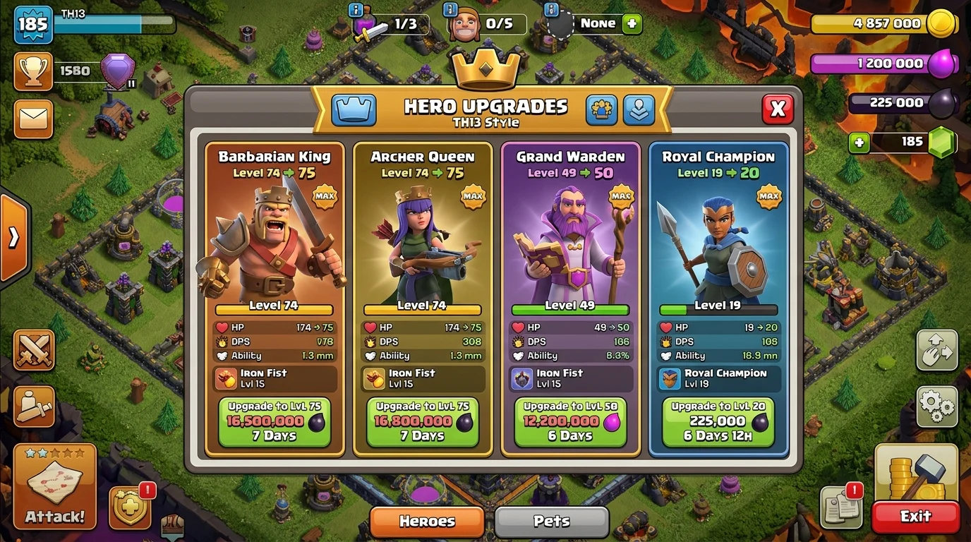 TH13 laboratory showing Yeti, Ice Golem, and Bat Spell research priorities with upgrade timelines