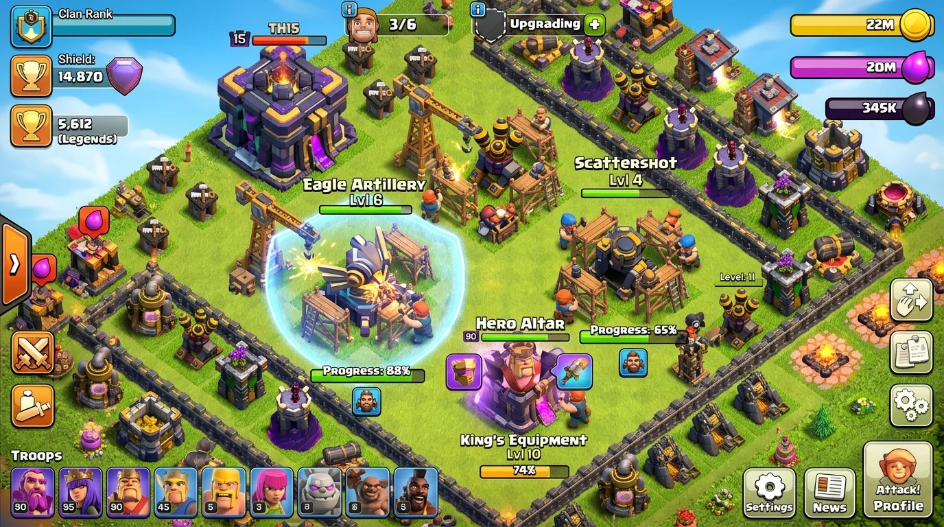 Clash of Clans TH15 village with multiple builders active upgrading Eagle Artillery, Scattershot, and hero equipment in simultaneous construction