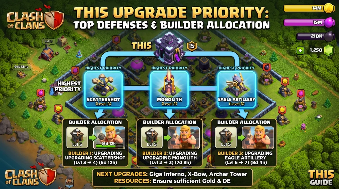 Clash of Clans TH15 upgrade priority diagram showing Scattershot, Multi-Gear Tower, and Eagle Artillery as first-priority defenses with builder allocation