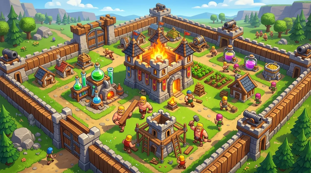A fortified cartoon village with a glowing town hall and builders carrying hammers toward a laboratory, standing in for a Clash of Clans Town Hall 17 upgrade plan