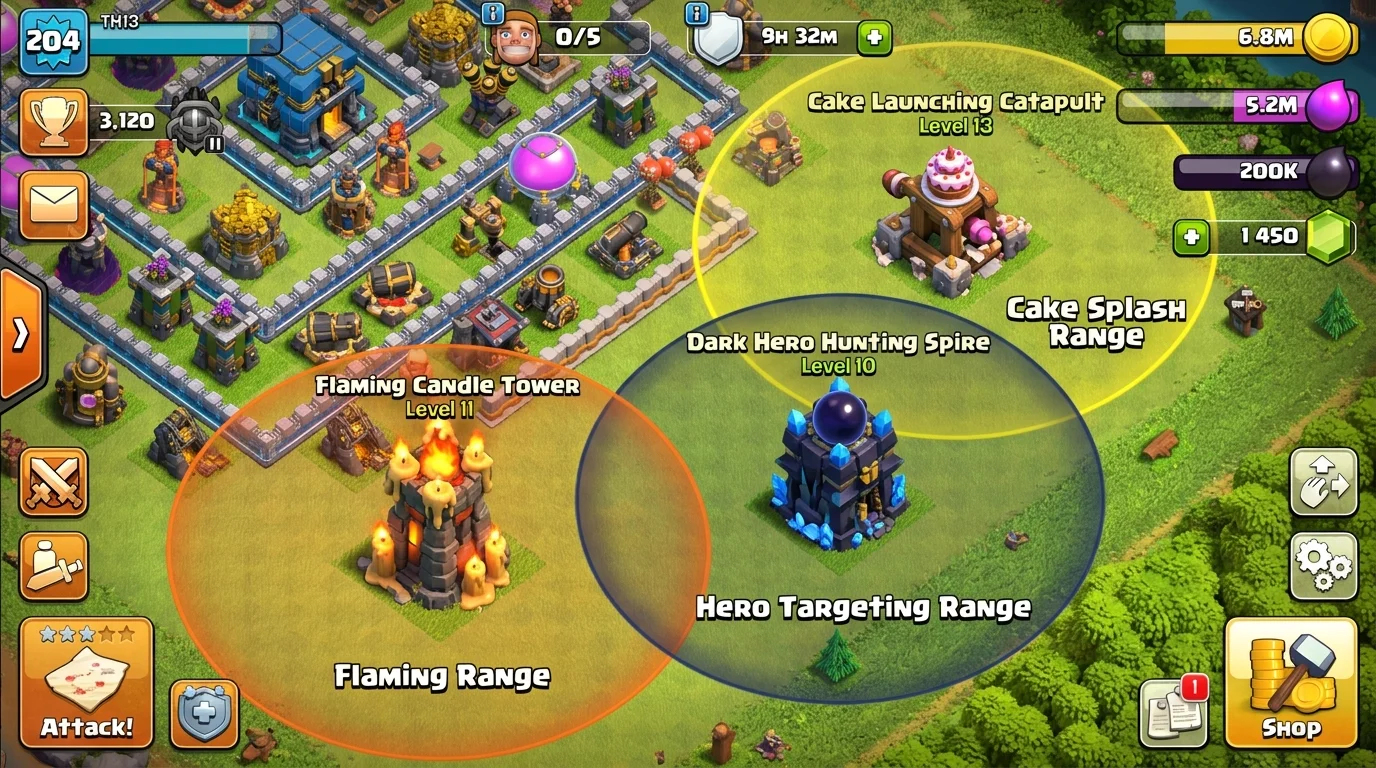 Clash of Clans base layout showing crafted defense placement positions