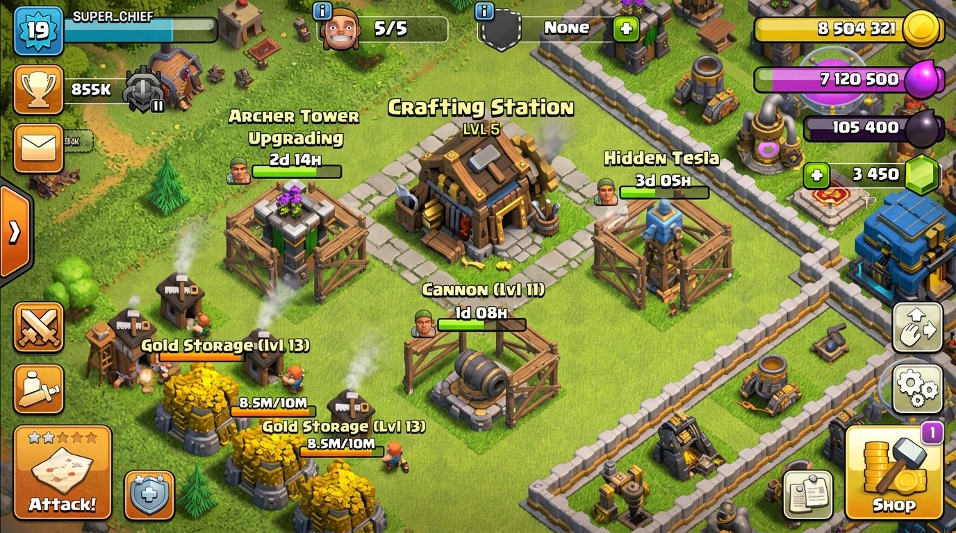 Clash of Clans crafting station with the three new crafted defenses being upgraded