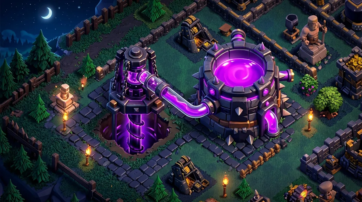 Dark purple liquid glowing inside stone drills beside a fortified village at dusk, standing in for Clash of Clans dark elixir storage