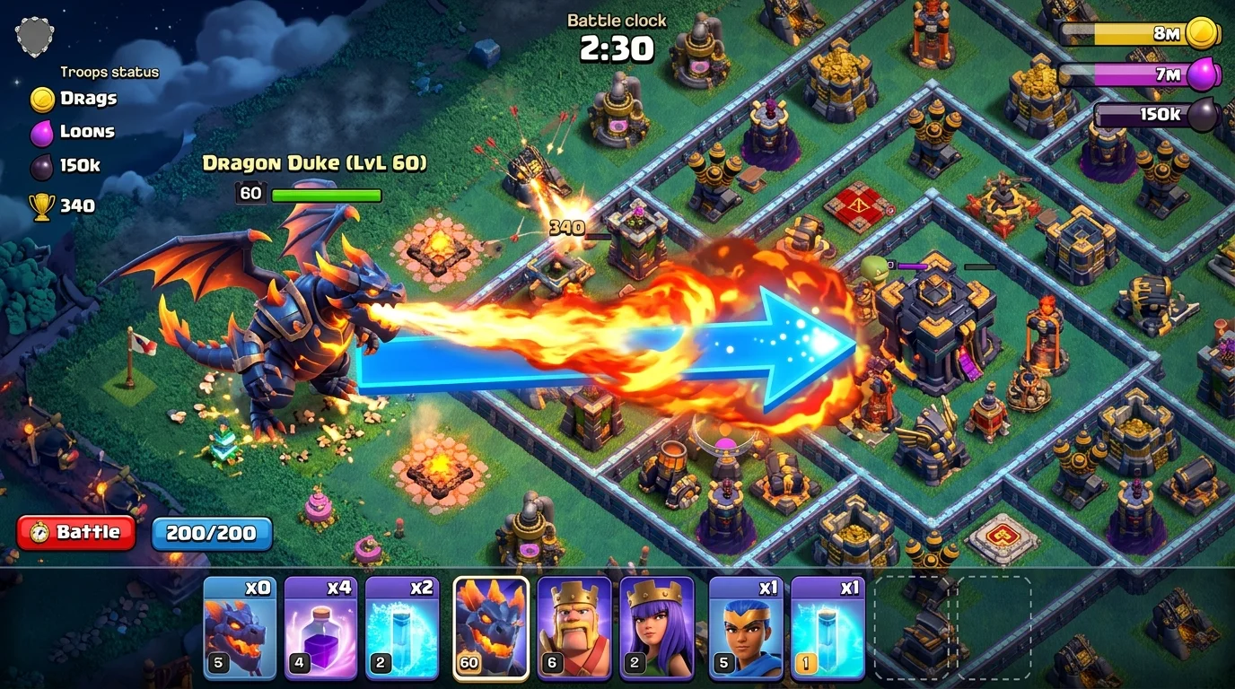 Dragon Duke deployed with a directional arrow showing his initial facing, Flame Blower fire aimed straight toward the town hall core