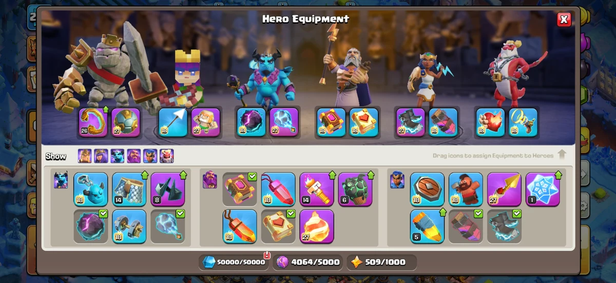 Clash of Clans Hero Equipment menu showing all six heroes including Dragon Duke with Fire Heart, Flame Blower, Stun Blaster, and Rocket Backpack equipment slots