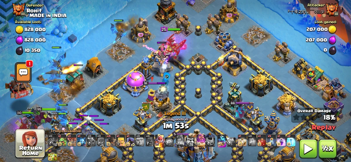 Dragon Duke deployed mid-attack in Legend League defense replay against a maxed TH18 base, taking fire from multiple defenses during Royal Rampage