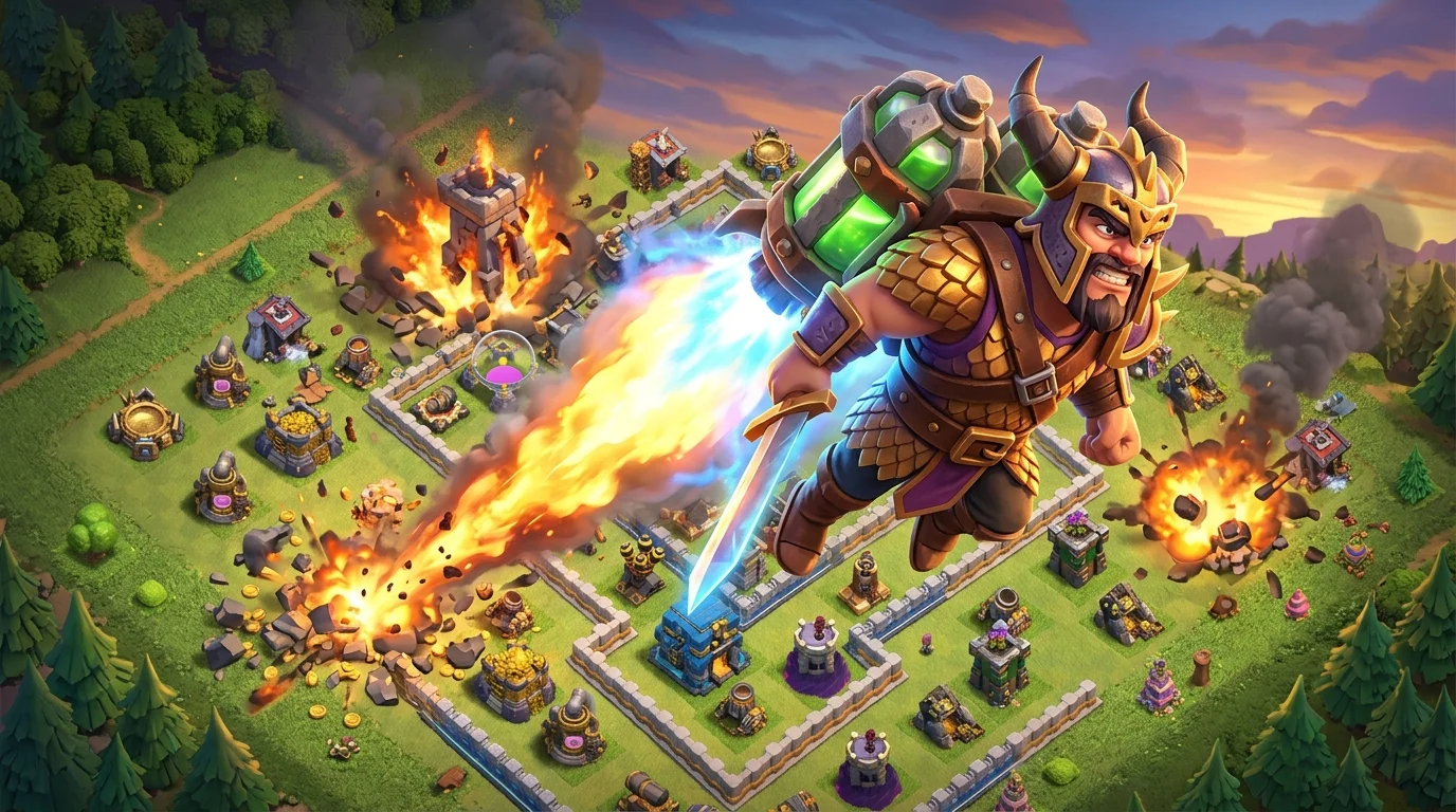 Dragon Duke with Rocket Backpack flying at high speed through a Clash of Clans village leaving trails of fire and destruction
