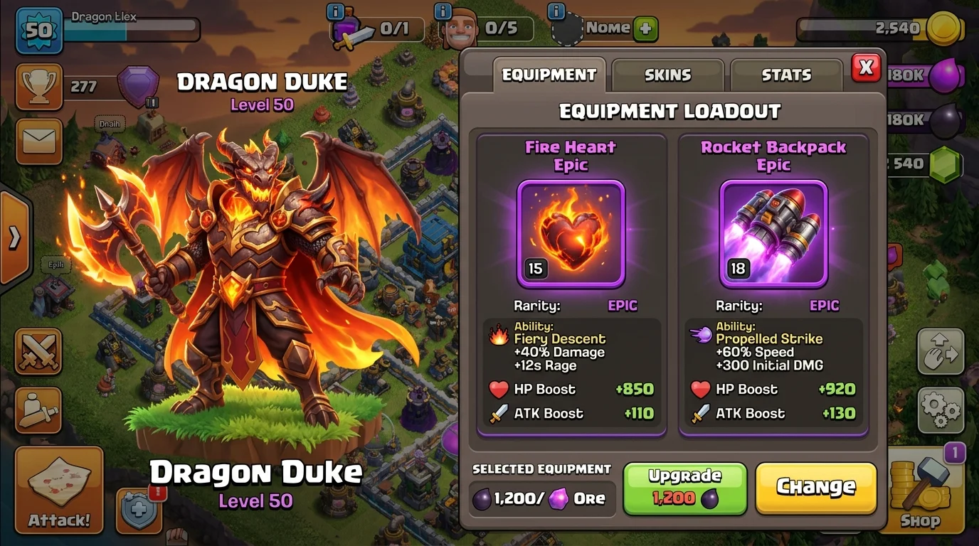 Dragon Duke equipment loadout showing Fire Heart and the new Epic Rocket Backpack equipment with glowing stats