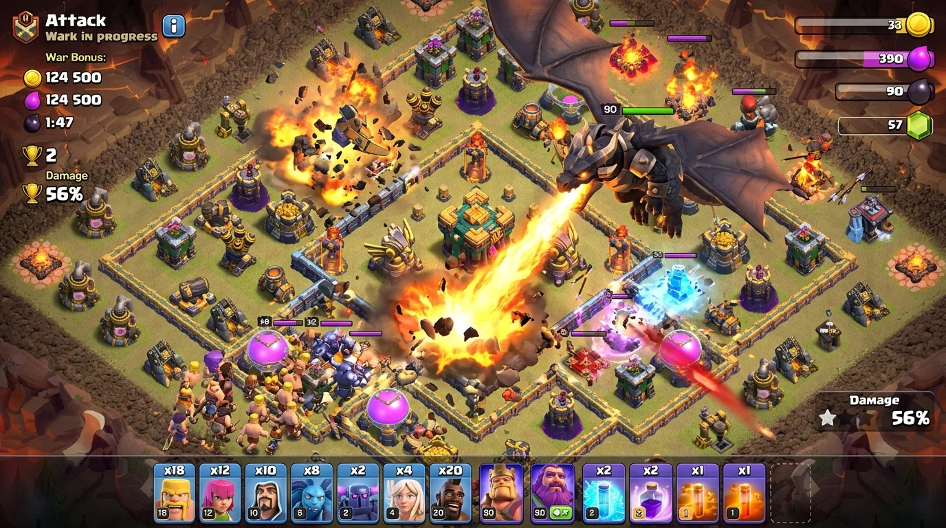 Dragon Duke diving through the core of a TH16 Clash of Clans base with fire breath destroying Eagle Artillery and Inferno Towers