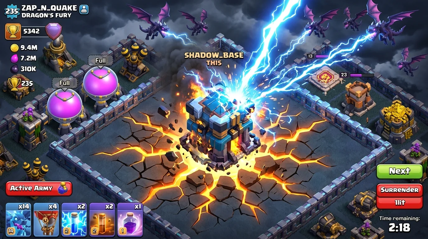 Clash of Clans Lightning Spell and Earthquake Spell striking an Air Defense building during zap quake setup for Electro Dragon attack