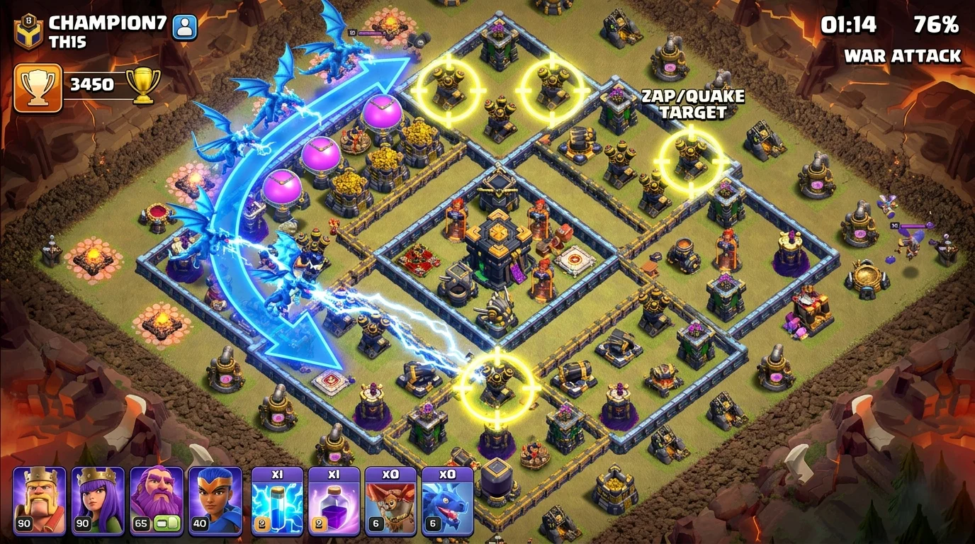 Clash of Clans TH15 war base aerial view with Electro Dragon attack path marked and Air Defense positions highlighted for zap quake targeting