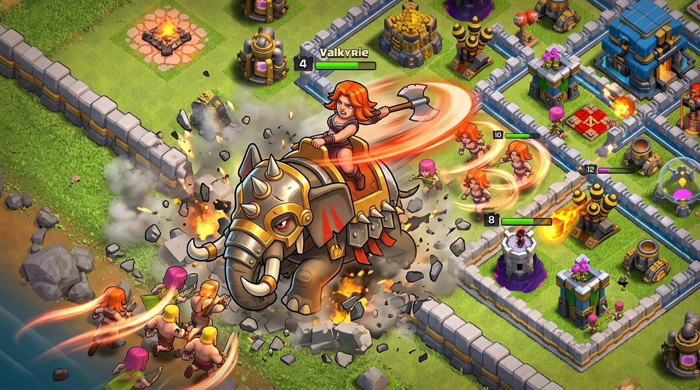 Clash of Clans Elephant Rider temporary troop smashing through walls