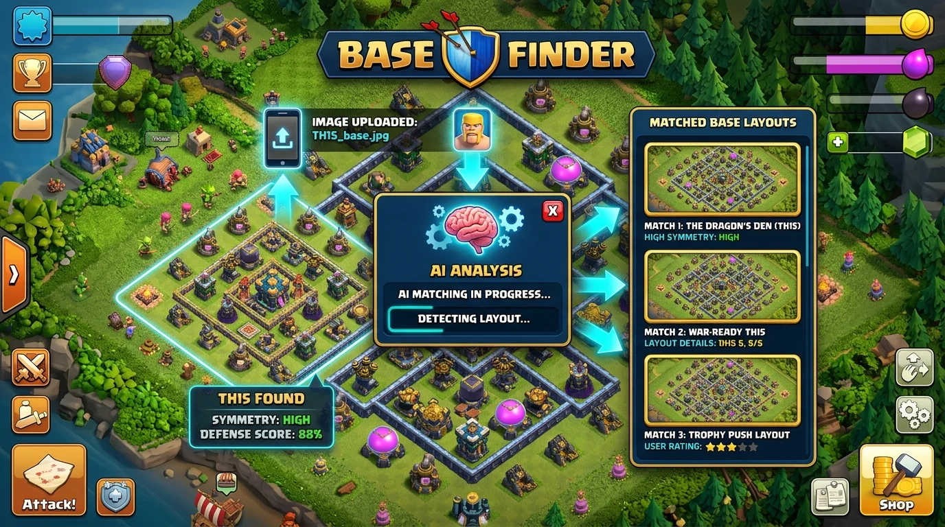 Magnifying glass and brass compass resting on an antique map evoking the search for the perfect Clash of Clans base layout