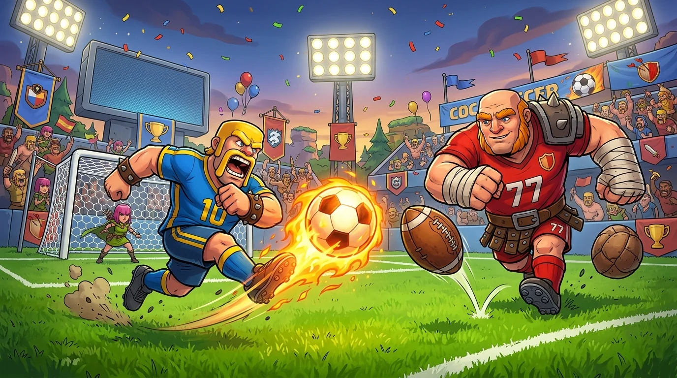 Football-themed Barbarian Kicker and Giant Thrower troops kicking a flaming soccer ball across a Clash of Clans event arena
