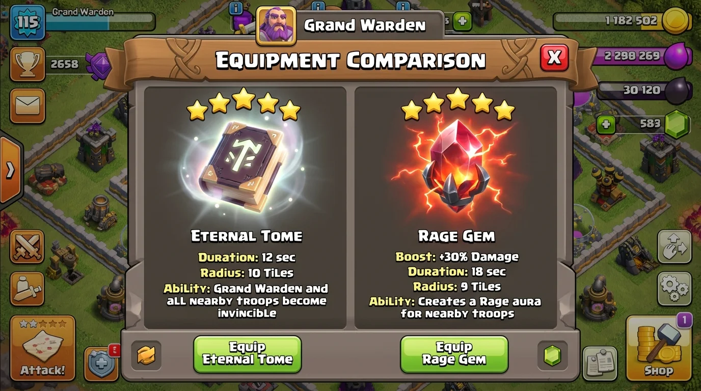 Clash of Clans Grand Warden Eternal Tome and Rage Gem equipment pieces shown side by side with upgrade stars