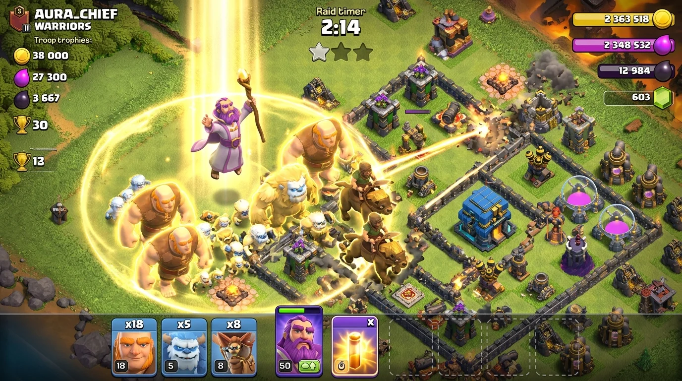 Clash of Clans Grand Warden using aura ability making Root Riders and Super Yetis invincible during a war attack
