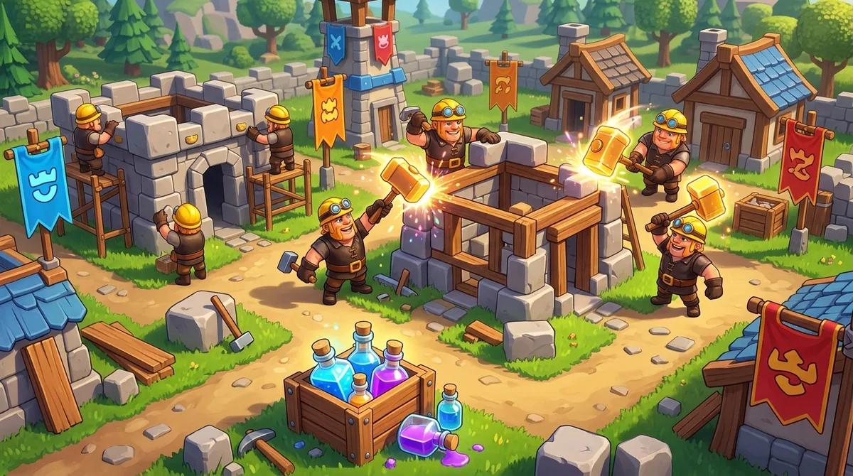 Cartoon builders swinging glowing golden hammers over half finished village buildings, with bottled blue potions stacked on a crate, standing in for the Clash of Clans Hammer Jam event