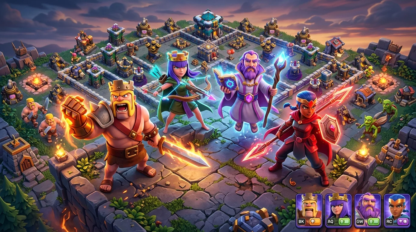 Knight in full plate armor sitting by a campfire at night with warm light reflecting off the metal, evoking the gear-up feel of equipping Clash of Clans heroes