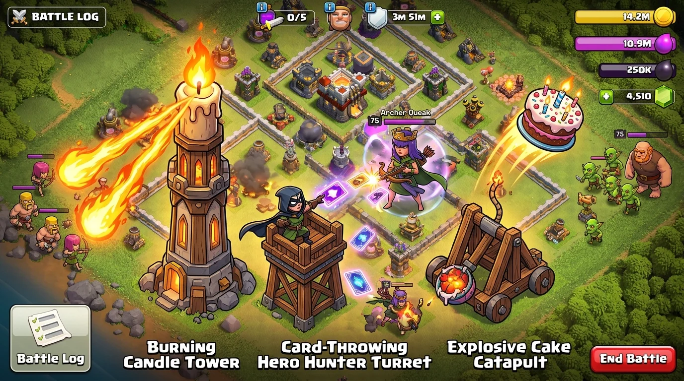 Clash of Clans Hero Hunter, Hot Candle and Cake-a-pult crafted defenses compared