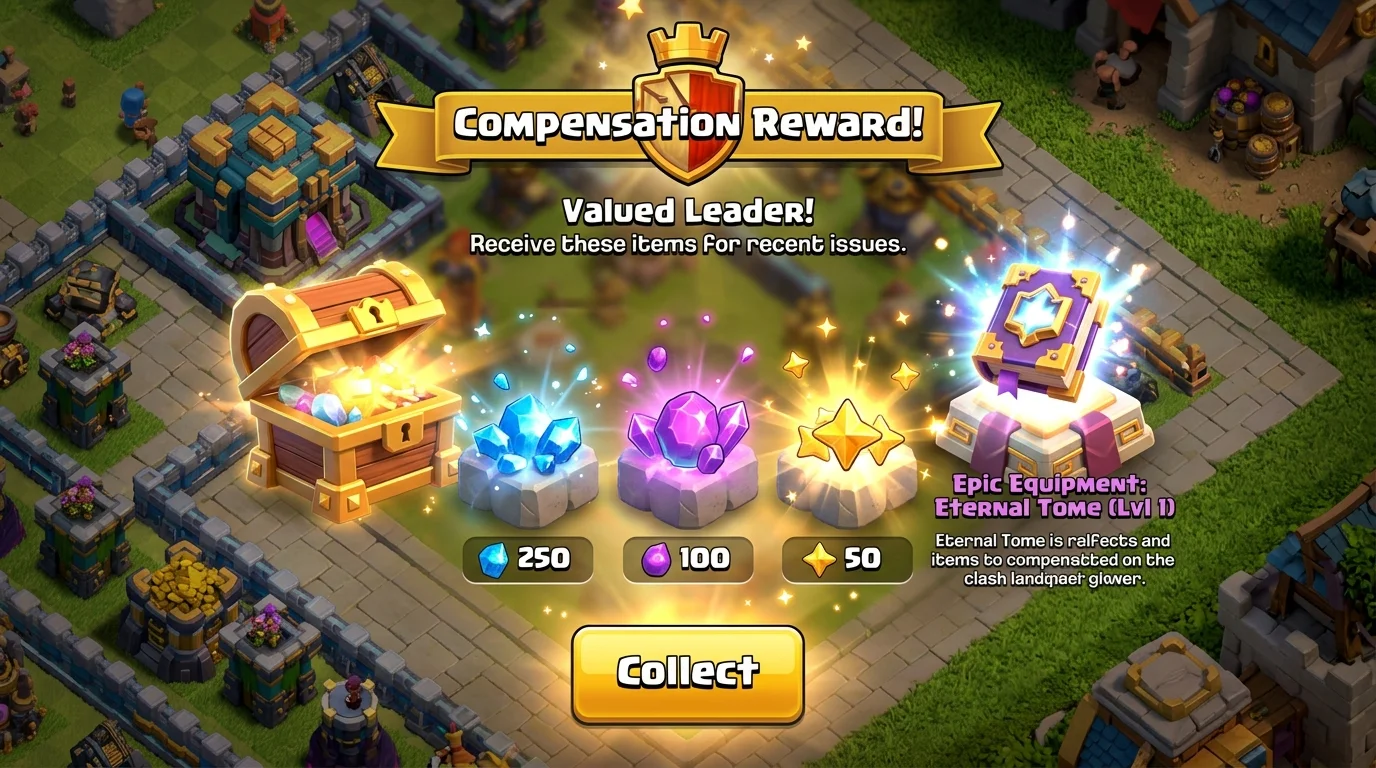 Shiny, Glowy and Starry Ore compensation rewards beside an epic hero equipment item in Clash of Clans