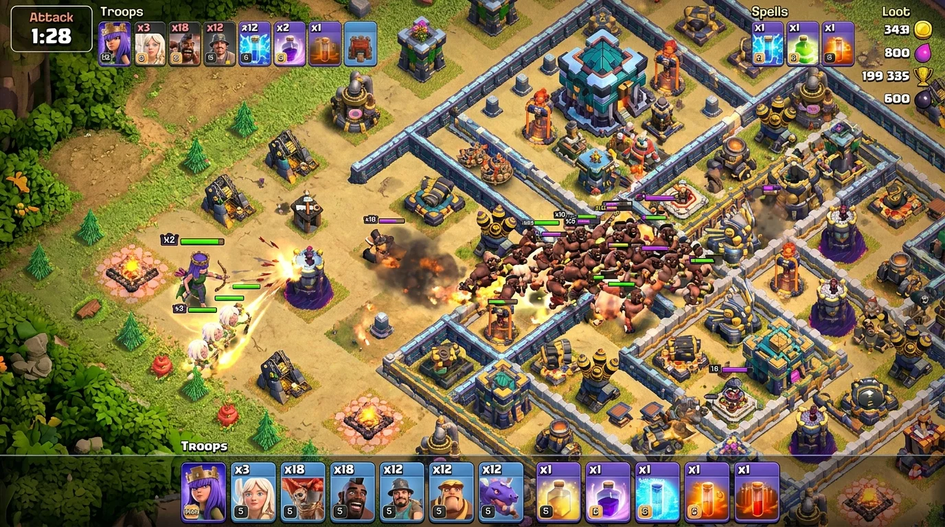 Step-by-step TH17 war attack funnel showing Root Rider entry path and hero pre-funnel positions