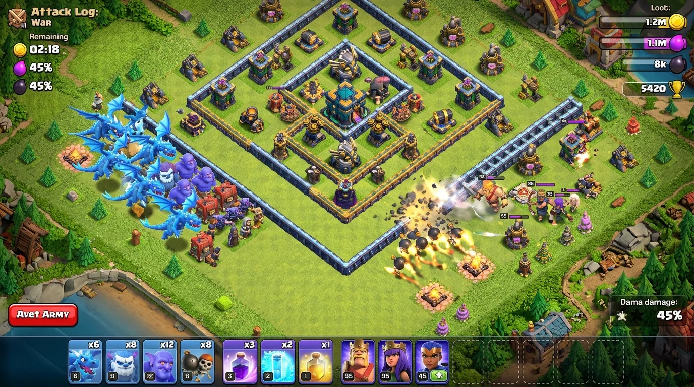 Clash of Clans war attack spell placement diagram showing Rage, Freeze, and Overgrowth Spell positioning for TH17