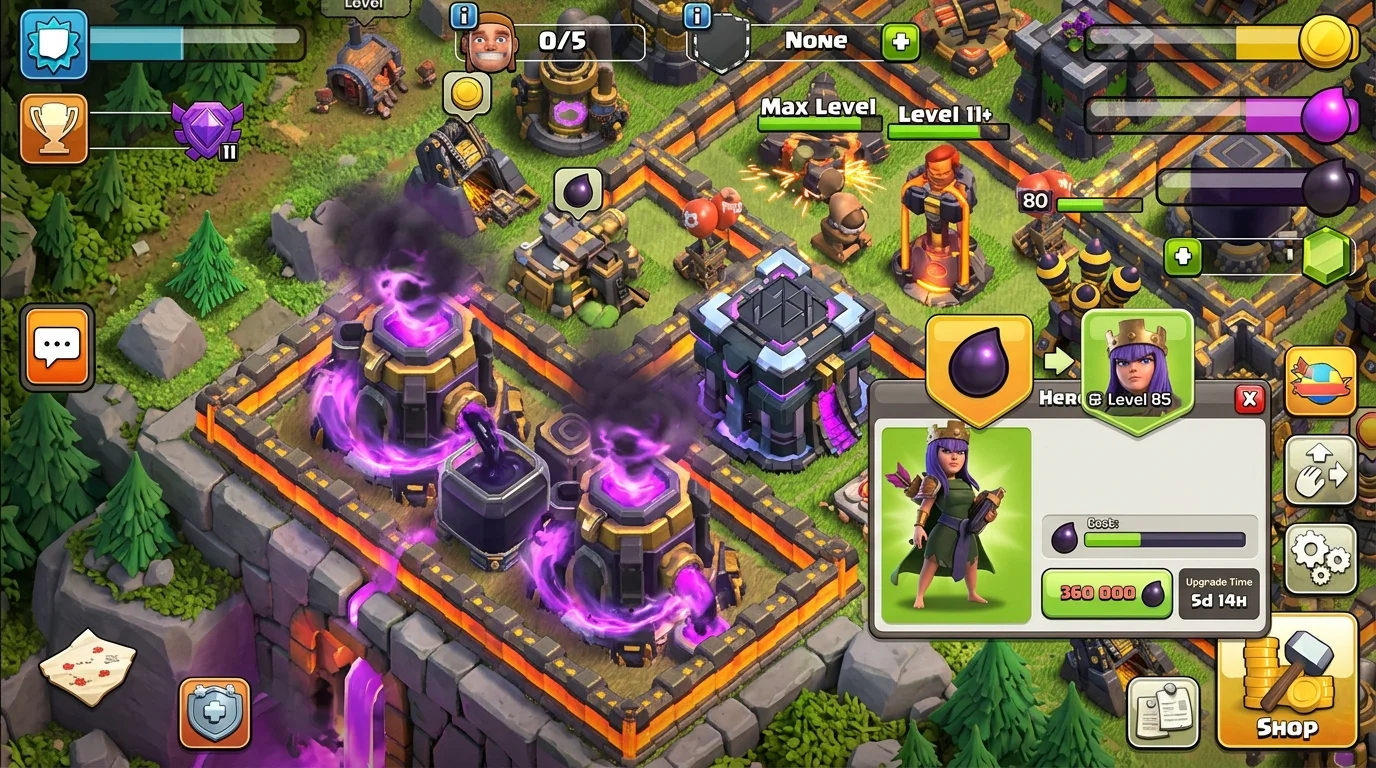 Clash of Clans Dark Elixir Drills collecting DE with hero upgrade menu open showing Dark Elixir cost for Barbarian King level progression
