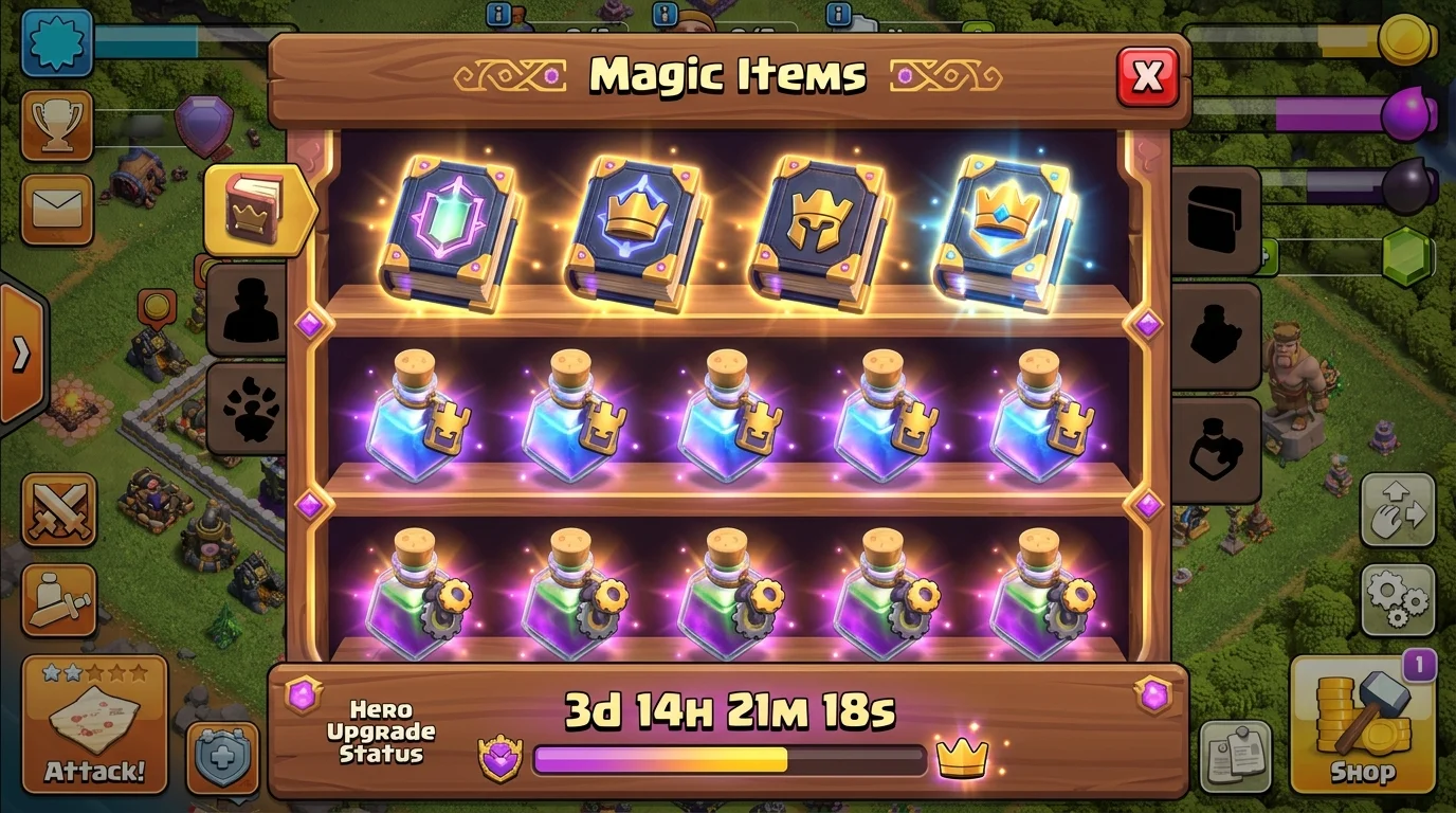 Clash of Clans Magic Items inventory showing Books of Heroism, Builder Potions, and Research Potions with hero upgrade timer display