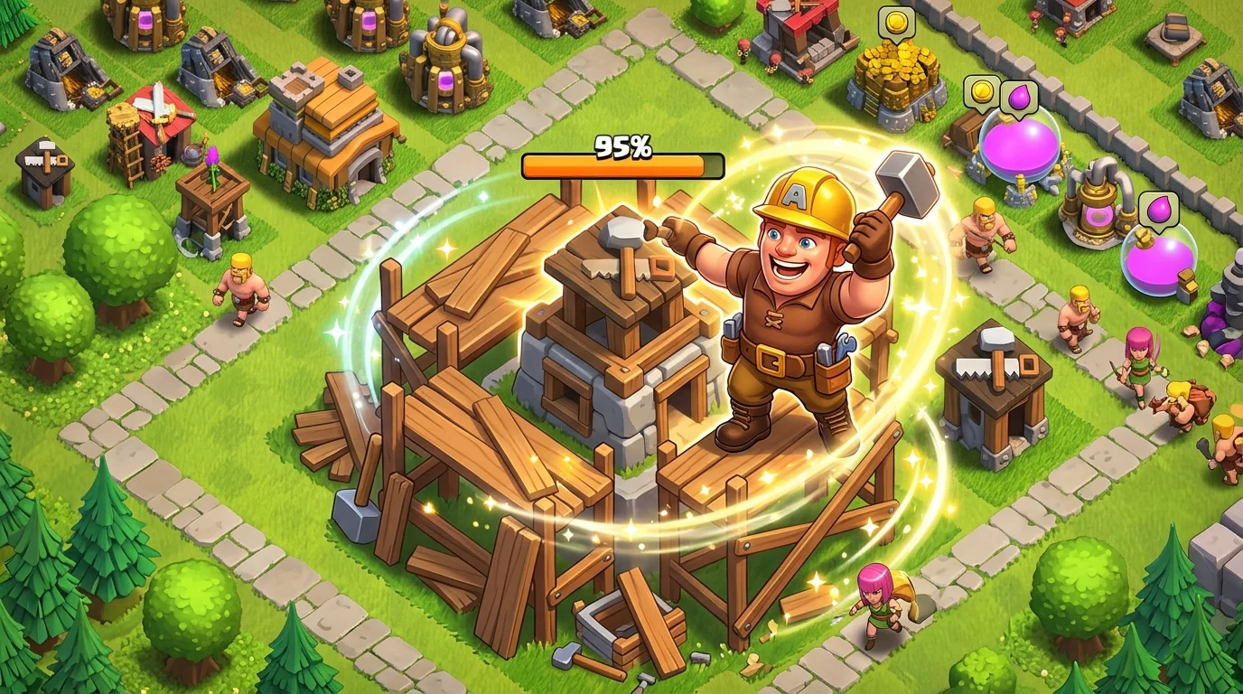 A Clash of Clans Builder's Apprentice helper speeding up a builder hut upgrade in a warm village scene