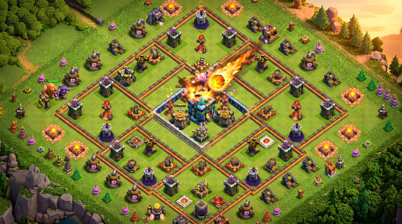 Top-down Clash of Clans Town Hall 18 war base with a Fireball projectile striking the large central Town Hall directly instead of a small adjacent building